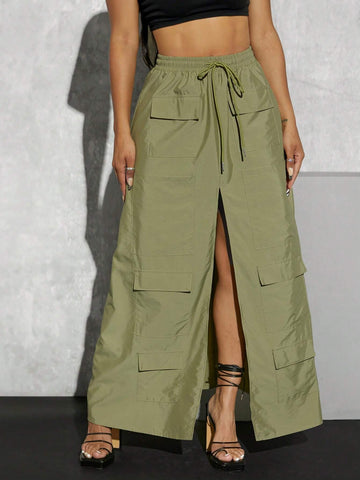 Flap Pocket Split Thigh Drawstring Waist Cargo Skirt