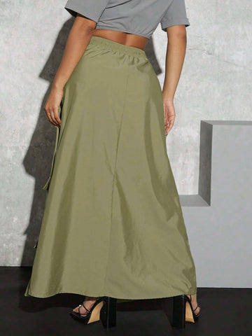 Flap Pocket Split Thigh Drawstring Waist Cargo Skirt