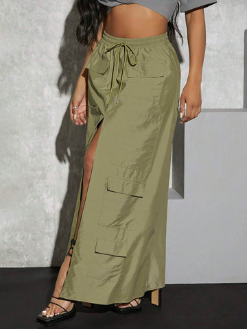 Flap Pocket Split Thigh Drawstring Waist Cargo Skirt