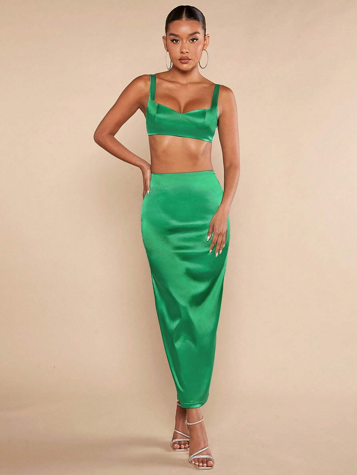 Solid Crop Cami Top & Split Back Skirt
