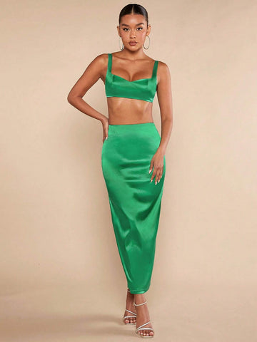 Solid Crop Cami Top & Split Back Skirt