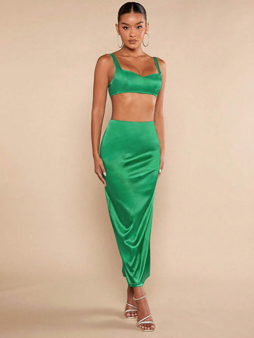Solid Crop Cami Top & Split Back Skirt