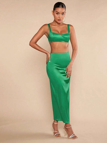 Solid Crop Cami Top & Split Back Skirt