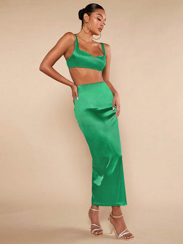 Solid Crop Cami Top & Split Back Skirt