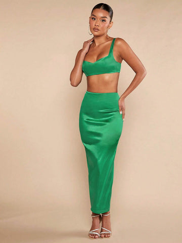 Solid Crop Cami Top & Split Back Skirt