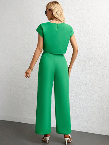 Solid Batwing Sleeve Crop Blouse & Wide Leg Pants