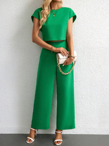 Solid Batwing Sleeve Crop Blouse & Wide Leg Pants