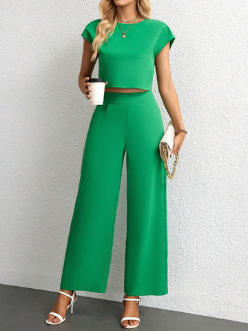Solid Batwing Sleeve Crop Blouse & Wide Leg Pants