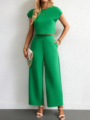 Solid Batwing Sleeve Crop Blouse & Wide Leg Pants