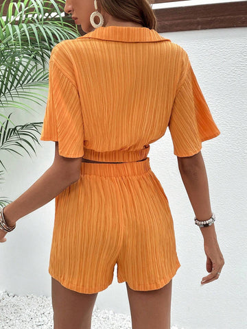 Solid Surplice Neck Crop Top & Shorts