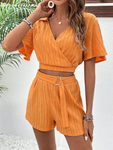 Solid Surplice Neck Crop Top & Shorts