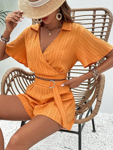 Solid Surplice Neck Crop Top & Shorts