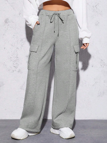 PETITE Flap Pocket Side Drawstring Waist Cargo Sweatpants