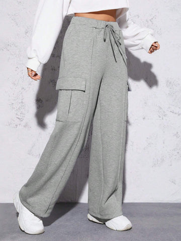 PETITE Flap Pocket Side Drawstring Waist Cargo Sweatpants