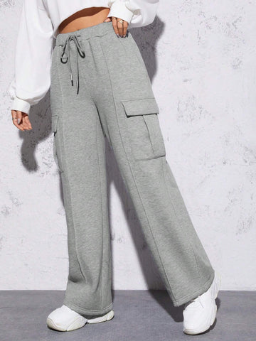 PETITE Flap Pocket Side Drawstring Waist Cargo Sweatpants
