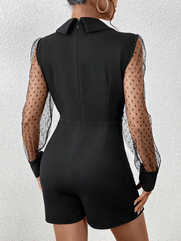 Contrast Mesh Sleeve Wrap Hem Romper