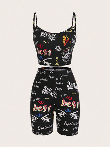 Letter Graphic Cami Top & Biker Shorts