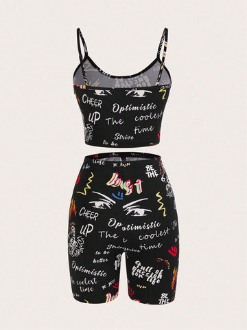 Letter Graphic Cami Top & Biker Shorts