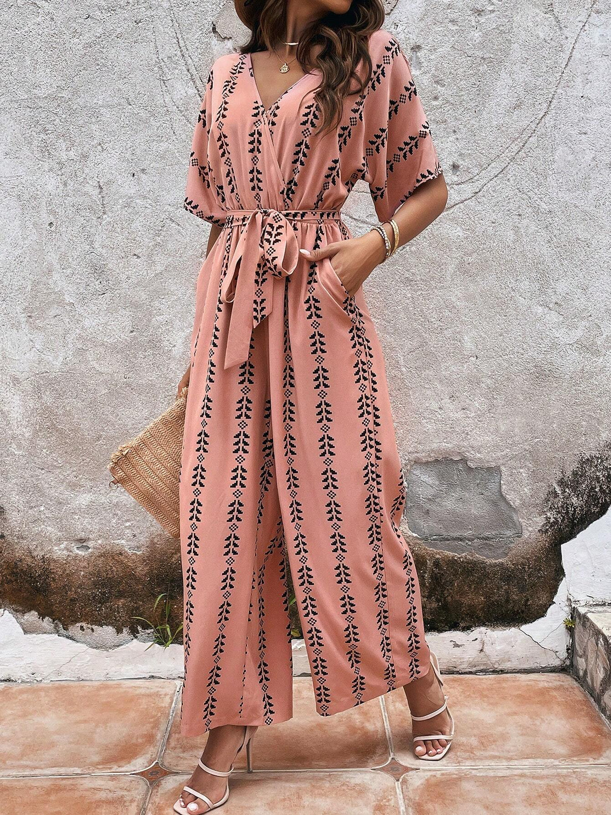 Geo Print Batwing Sleeve Belted Jumpsuit