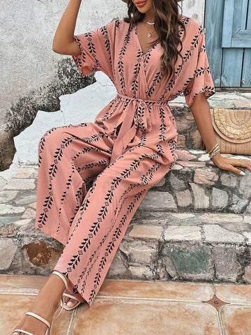 Geo Print Batwing Sleeve Belted Jumpsuit