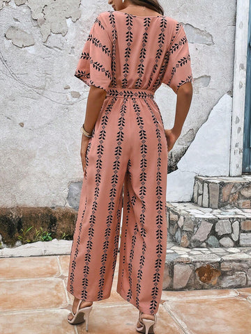 Geo Print Batwing Sleeve Belted Jumpsuit