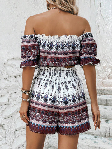 Geo Print Off Shoulder Knot Front Crop Top & Shorts