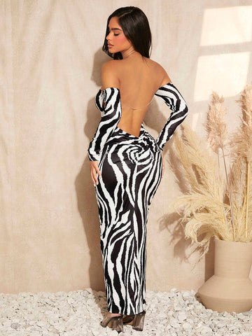 Zebra Striped Off Shoulder Chain Detail Backless Dress