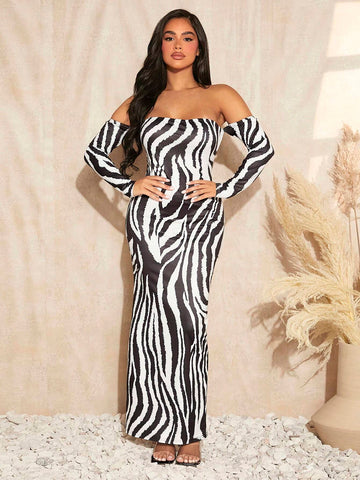 Zebra Striped Off Shoulder Chain Detail Backless Dress