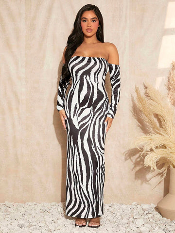 Zebra Striped Off Shoulder Chain Detail Backless Dress