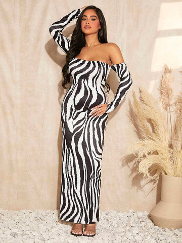 Zebra Striped Off Shoulder Chain Detail Backless Dress
