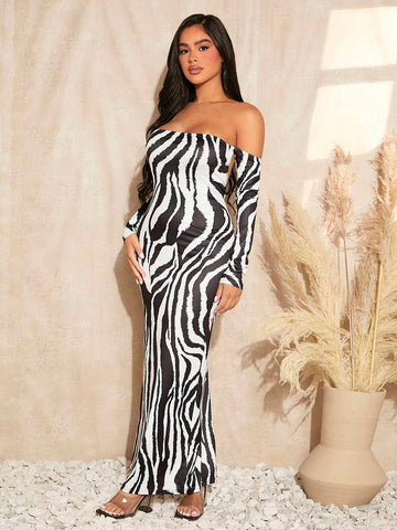 Zebra Striped Off Shoulder Chain Detail Backless Dress