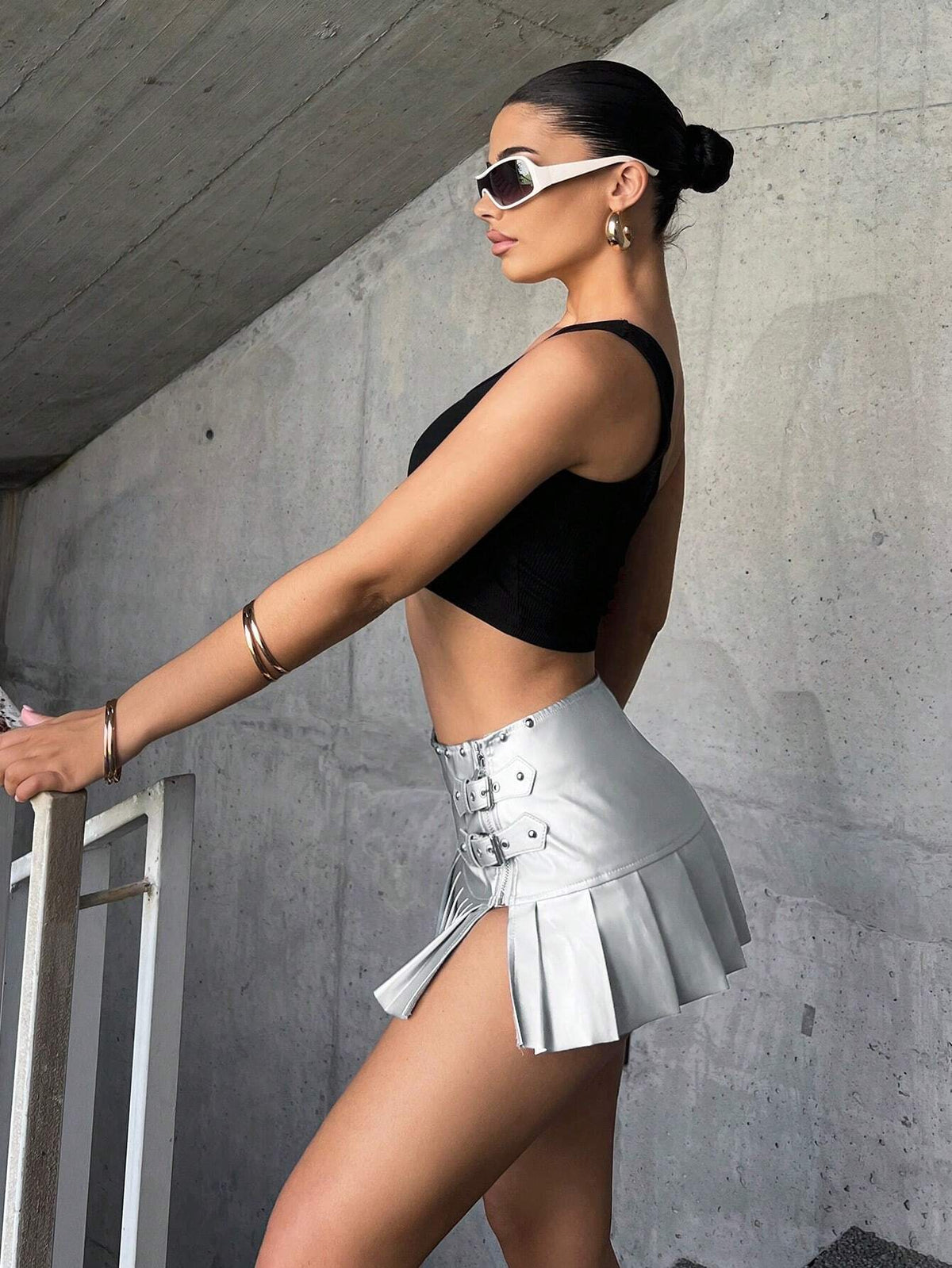 ICON Low Rise Buckle Detail Pleated Hem PU Leather Skirt