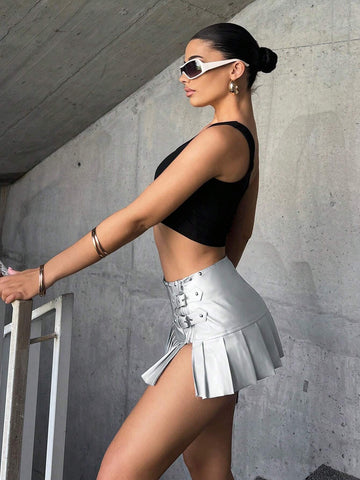 ICON Low Rise Buckle Detail Pleated Hem PU Leather Skirt