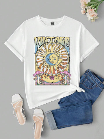 EZwear Sun & Letter Graphic Drop Shoulder Tee