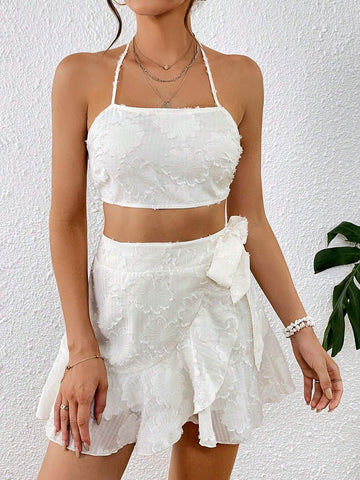 Jacquard Tie Backless Halter Top & Ruffle Trim Wrap Knot Side Skirt