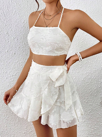 Jacquard Tie Backless Halter Top & Ruffle Trim Wrap Knot Side Skirt