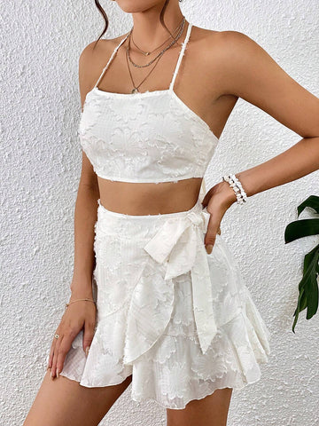 Jacquard Tie Backless Halter Top & Ruffle Trim Wrap Knot Side Skirt