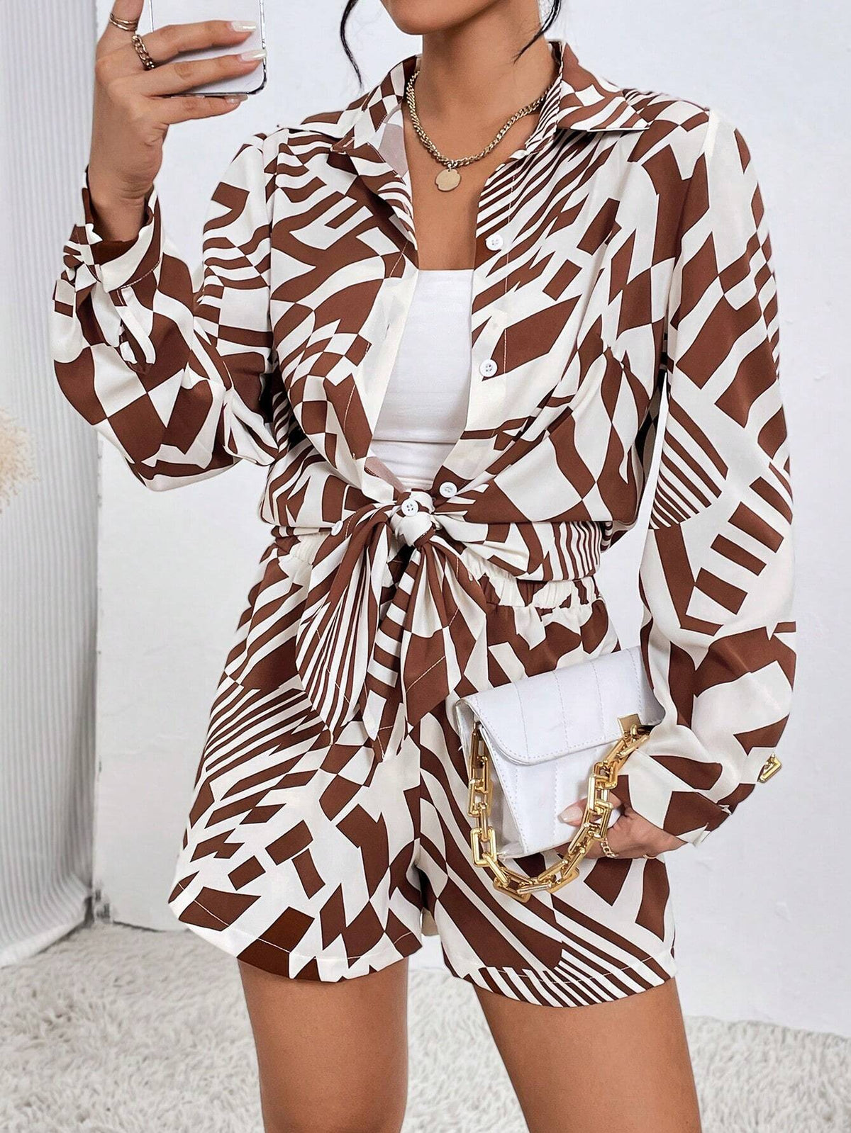 Allover Print Drop Shoulder Shirt & Shorts Without Cami Top