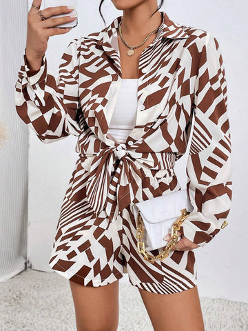 Allover Print Drop Shoulder Shirt & Shorts Without Cami Top