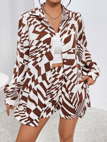 Allover Print Drop Shoulder Shirt & Shorts Without Cami Top