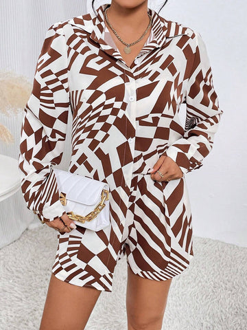 Allover Print Drop Shoulder Shirt & Shorts Without Cami Top