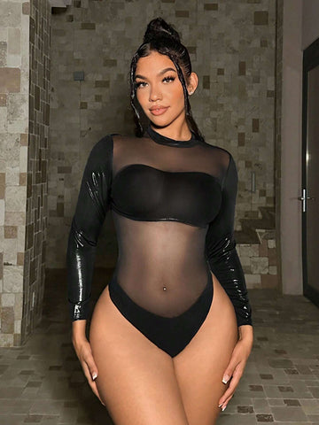 Contrast Mesh Mock Neck Bodysuit