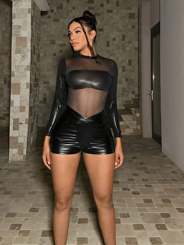 Contrast Mesh Mock Neck Bodysuit