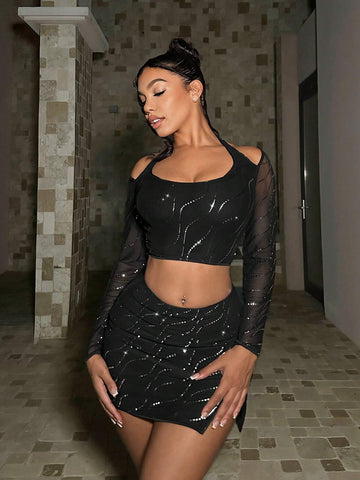 SXY Split Hem Sequin Bodycon Skirt