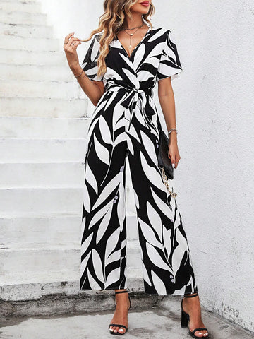 Allover Print Butterfly Sleeve Belted Wide Leg Jumpsuit