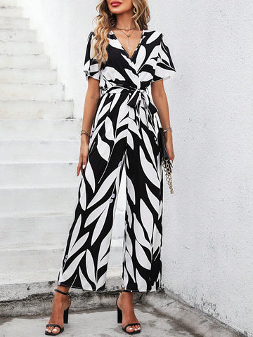 Allover Print Butterfly Sleeve Belted Wide Leg Jumpsuit