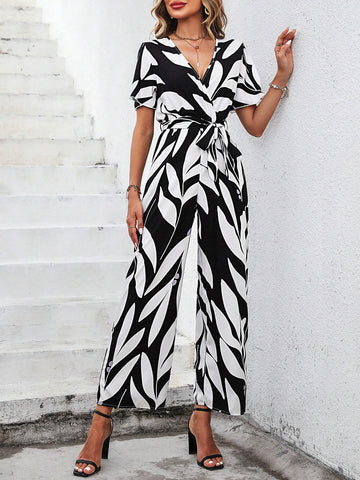 Allover Print Butterfly Sleeve Belted Wide Leg Jumpsuit