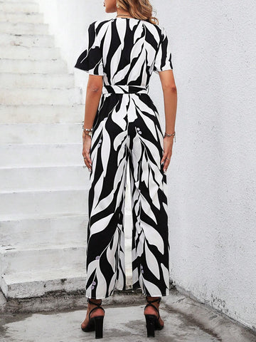 Allover Print Butterfly Sleeve Belted Wide Leg Jumpsuit
