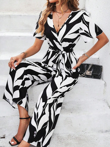 Allover Print Butterfly Sleeve Belted Wide Leg Jumpsuit