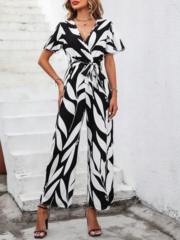Allover Print Butterfly Sleeve Belted Wide Leg Jumpsuit